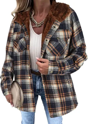 Womens Plaid Shacket Jacket Fuzzy Fleece Lined Coats Casual Long Sleeve Button Down Hooded Jackets Fall Winter Outfits
