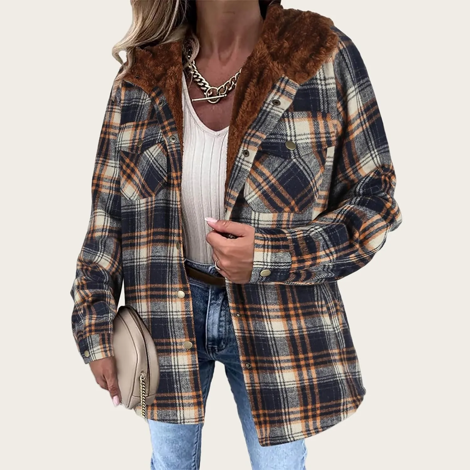 Womens Plaid Shacket Jacket Fuzzy Fleece Lined Coats Casual Long Sleeve Button Down Hooded Jackets Fall Winter Outfits