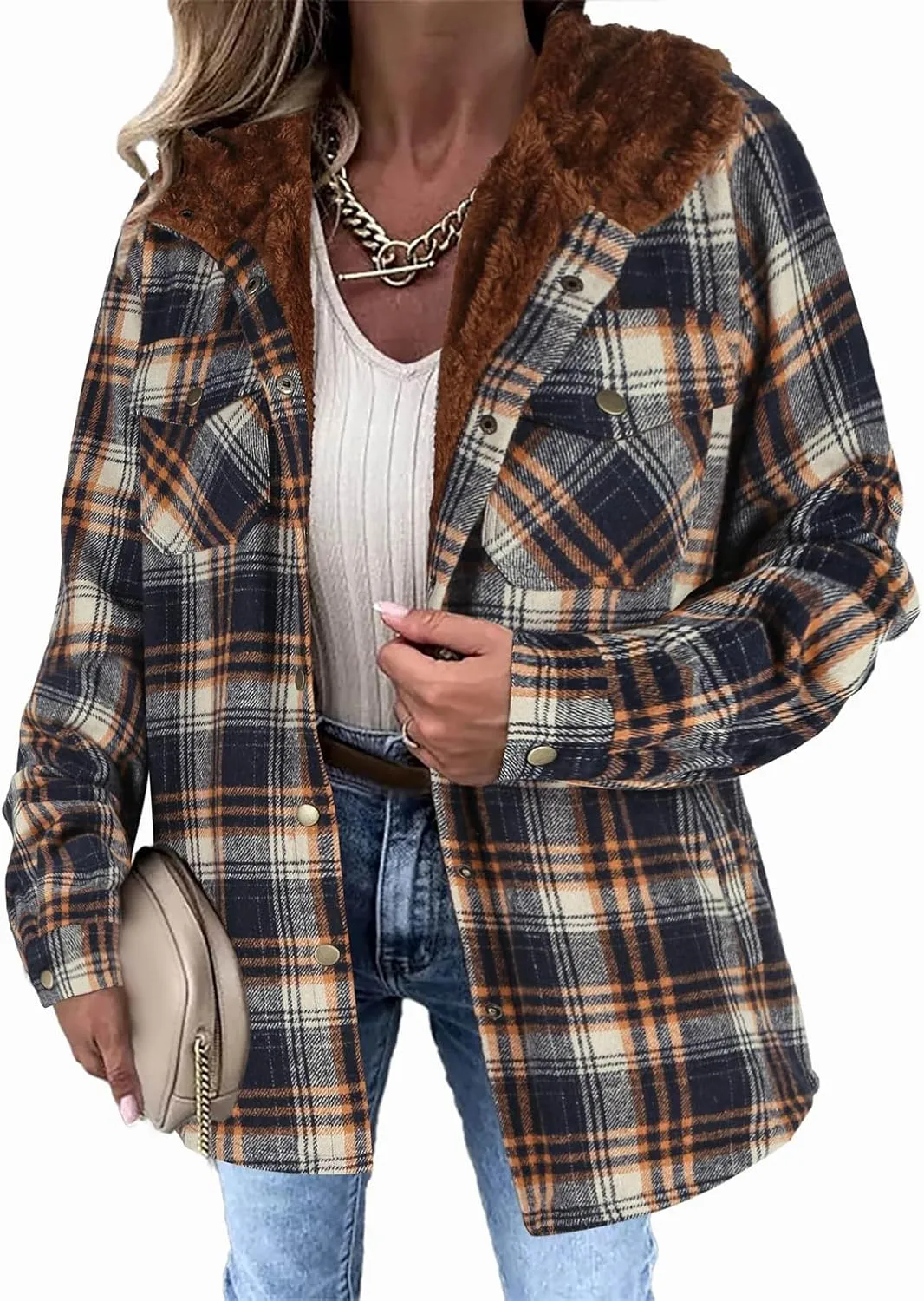 Womens Plaid Shacket Jacket Fuzzy Fleece Lined Coats Casual Long Sleeve Button Down Hooded Jackets Fall Winter Outfits
