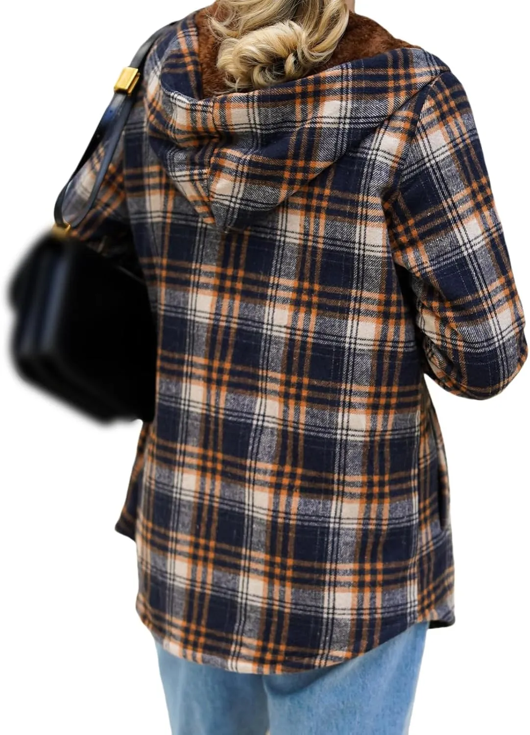 Womens Plaid Shacket Jacket Fuzzy Fleece Lined Coats Casual Long Sleeve Button Down Hooded Jackets Fall Winter Outfits