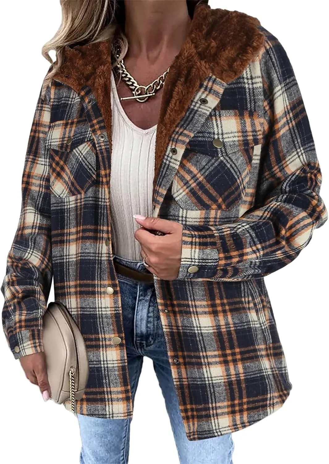 Womens Plaid Shacket Jacket Fuzzy Fleece Lined Coats Casual Long Sleeve Button Down Hooded Jackets Fall Winter Outfits