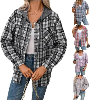 Womens Plaid Shirts Oversized Button Down Hooded Jacket Casual Loose Long Sleeve Hoodies Comfy Outwear with Pocket