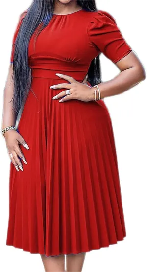 Women's Pleated Midi Dress Empire Waist Slimming Puffed Sleeves Casual Loose Comfy Everyday Wear Elegant Clothing