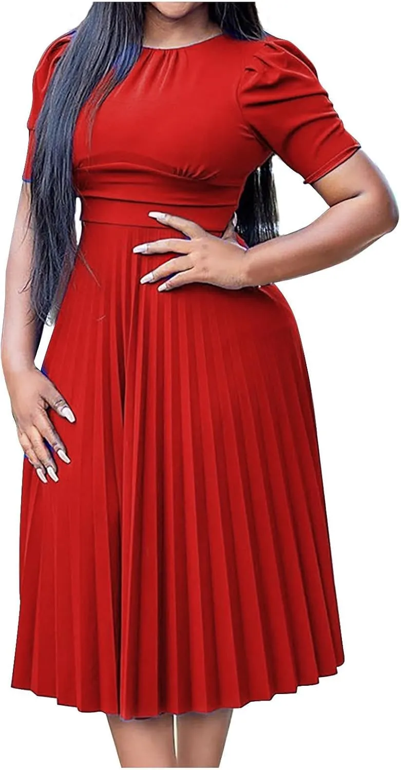 Women's Pleated Midi Dress Empire Waist Slimming Puffed Sleeves Casual Loose Comfy Everyday Wear Elegant Clothing