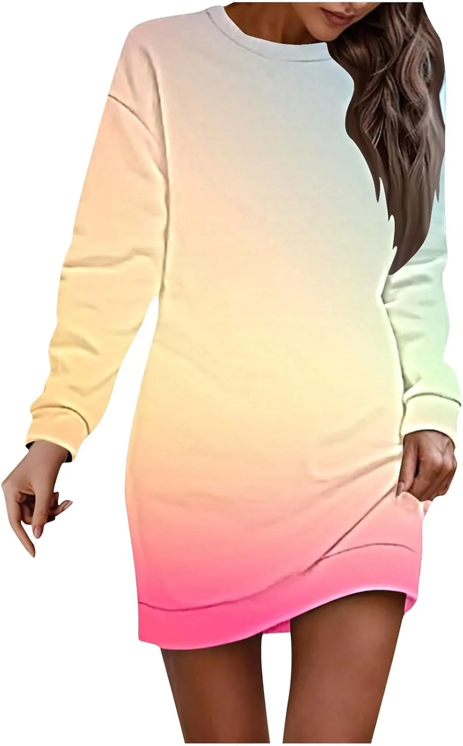 Women's Printed Long Sleeve Dress - Round Neck Casual Loose Fit Midi Dress for Vacation or Everyday Wear