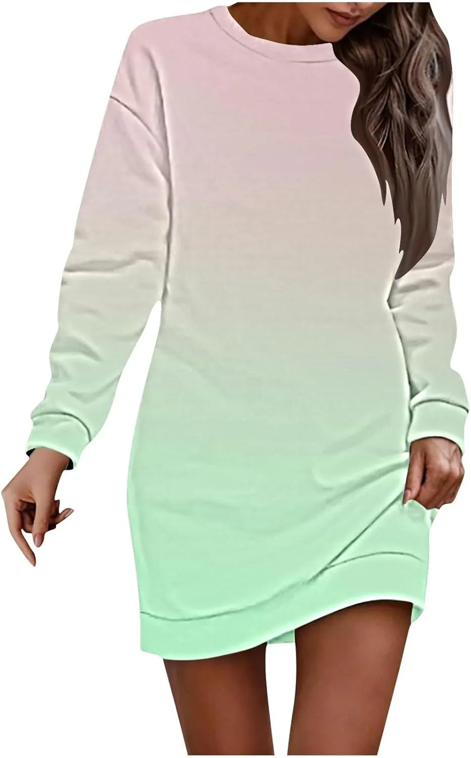 Women's Printed Long Sleeve Dress - Round Neck Casual Loose Fit Midi Dress for Vacation or Everyday Wear