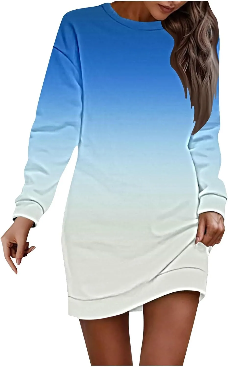 Women's Printed Long Sleeve Dress - Round Neck Casual Loose Fit Midi Dress for Vacation or Everyday Wear