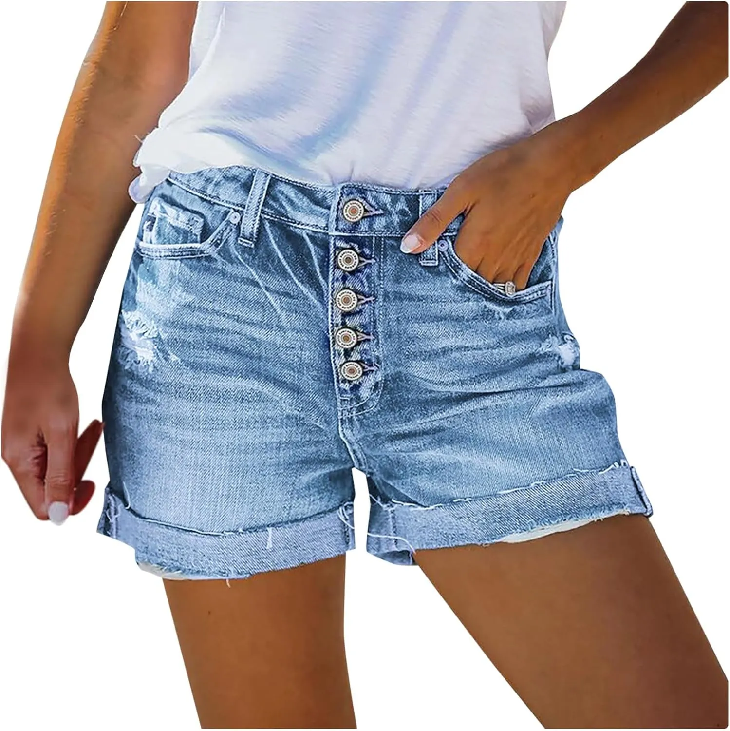 Womens Ripped Denim Skirts Mid Rise Casual Stretch Trendy Baggy Lady Summer Baggy Button Fly Relaxed Fit Jean Shorts