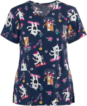 Womens Scrub Tops Fashion Printed Work Uniform T-Shirt V Neck Short Sleeve Nurse Tops Tunic Blouse with Pocket