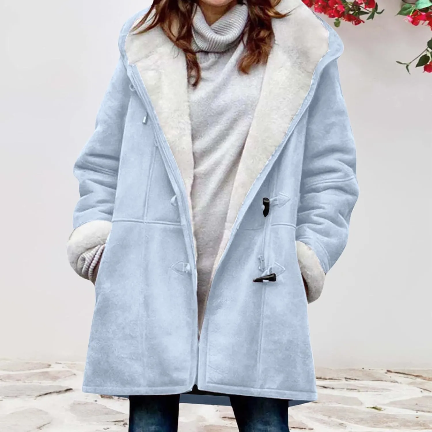Womens Sherpa Lined Jackets Plus Size Winter Coats Faux Suede Pea Coat Warm Fleece Parka Outerwear