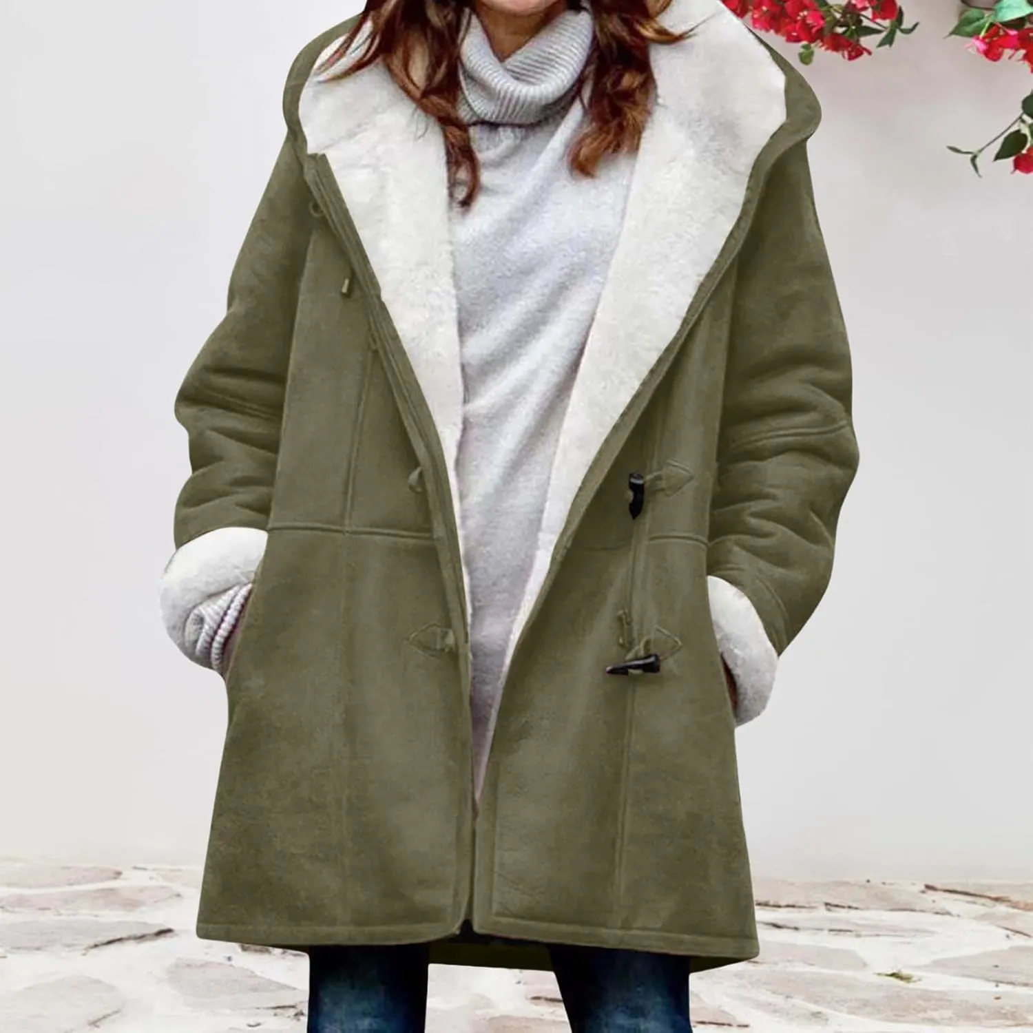 Womens Sherpa Lined Jackets Plus Size Winter Coats Faux Suede Pea Coat Warm Fleece Parka Outerwear