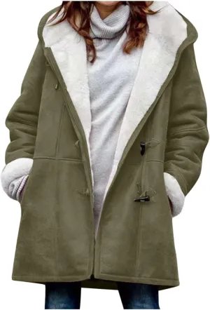 Womens Sherpa Lined Jackets Plus Size Winter Coats Faux Suede Pea Coat Warm Fleece Parka Outerwear