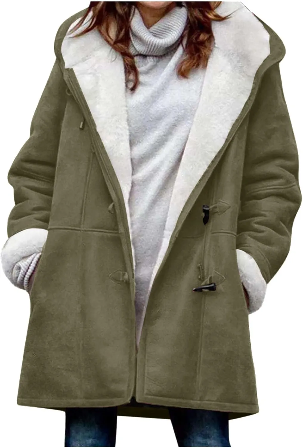 Womens Sherpa Lined Jackets Plus Size Winter Coats Faux Suede Pea Coat Warm Fleece Parka Outerwear