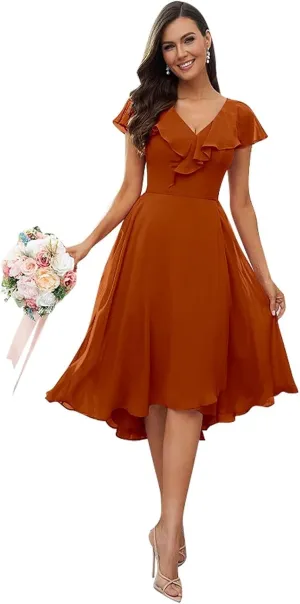Women's Short Sleeve Bridesmaid Dresses for Wedding Ruffle Chiffon Short Wedding Guest Dresses