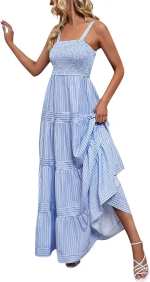Women's Sleeveless Maxi Dress Striped Print Smocked Sexy Spaghetti Strap Square Neck Flowy Swing Maxi Length Dress