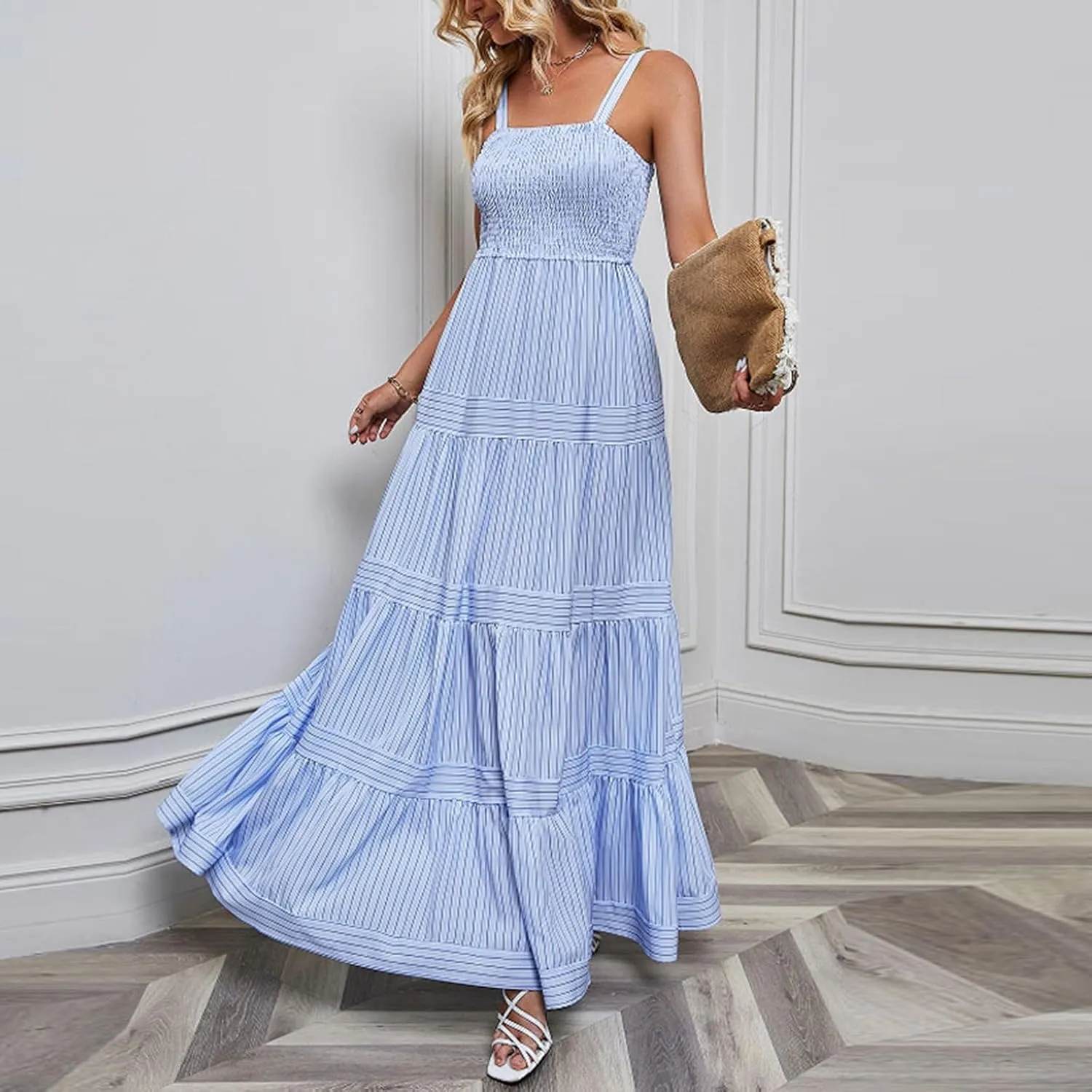 Women's Sleeveless Maxi Dress Striped Print Smocked Sexy Spaghetti Strap Square Neck Flowy Swing Maxi Length Dress