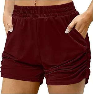 Women's Solid Color Pocket Pleated Hot Pants High-Waisted Relaxed Fit Shorts Casual Sports Shorts for Summer 2025
