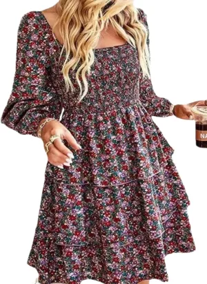 Women's Square Neck Long Sleeve Boho Floral Print A-Line Mini Dress 2025 Spring Casual Stylish Everyday Wear Dress