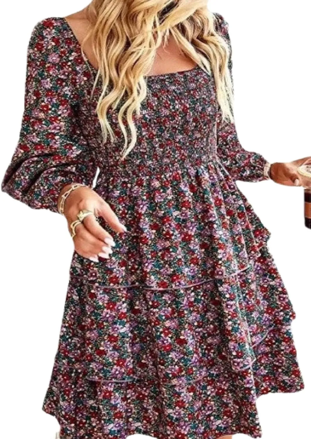 Women's Square Neck Long Sleeve Boho Floral Print A-Line Mini Dress 2025 Spring Casual Stylish Everyday Wear Dress