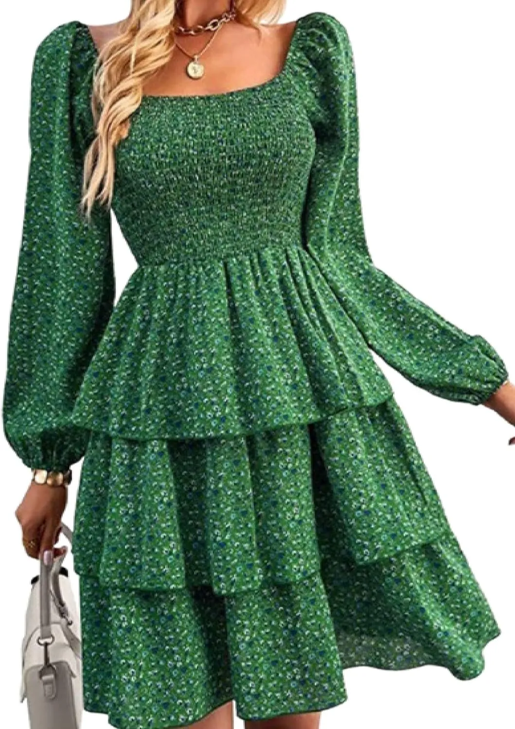 Women's Square Neck Long Sleeve Boho Floral Print A-Line Mini Dress 2025 Spring Casual Stylish Everyday Wear Dress