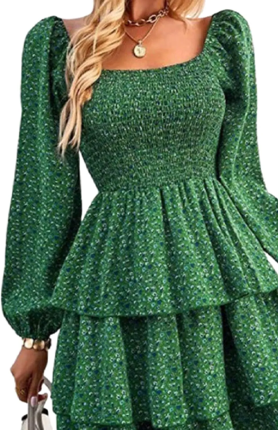 Women's Square Neck Long Sleeve Boho Floral Print A-Line Mini Dress 2025 Spring Casual Stylish Everyday Wear Dress