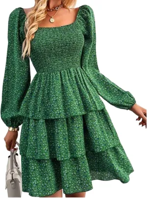 Women's Square Neck Long Sleeve Boho Floral Print A-Line Mini Dress 2025 Spring Casual Stylish Everyday Wear Dress