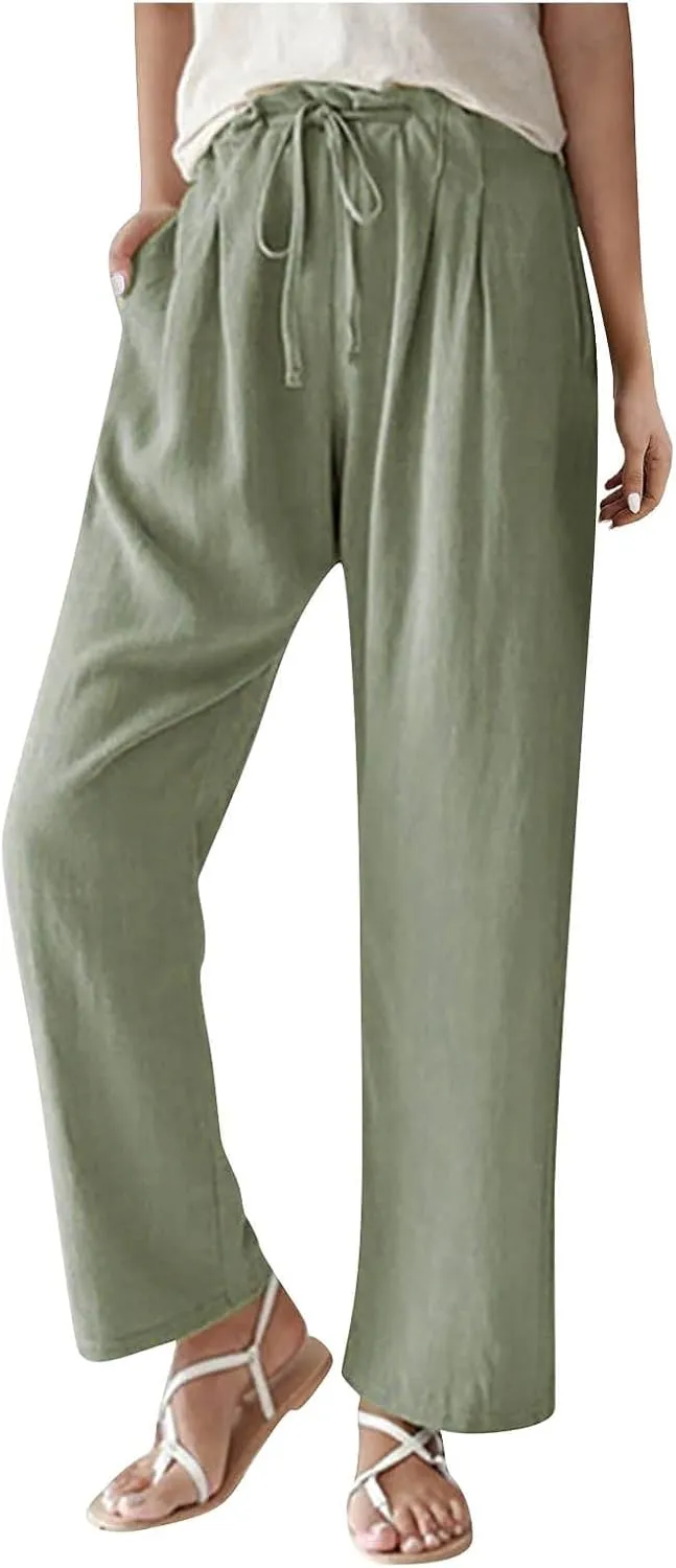 Women's Straight Leg Casual Baggy Trousers Pants with Pockets High Waisted Drawstring Linen Beach Trousers Plus Size