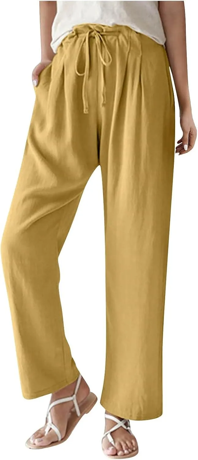 Women's Straight Leg Casual Baggy Trousers Pants with Pockets High Waisted Drawstring Linen Beach Trousers Plus Size