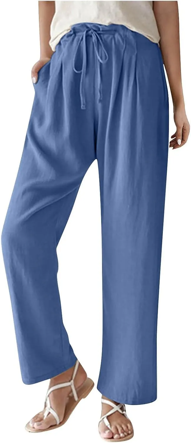 Women's Straight Leg Casual Baggy Trousers Pants with Pockets High Waisted Drawstring Linen Beach Trousers Plus Size