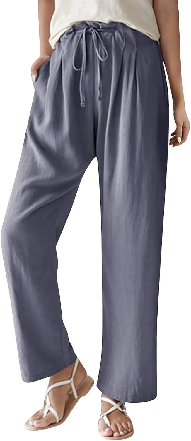 Women's Straight Leg Casual Baggy Trousers Pants with Pockets High Waisted Drawstring Linen Beach Trousers Plus Size