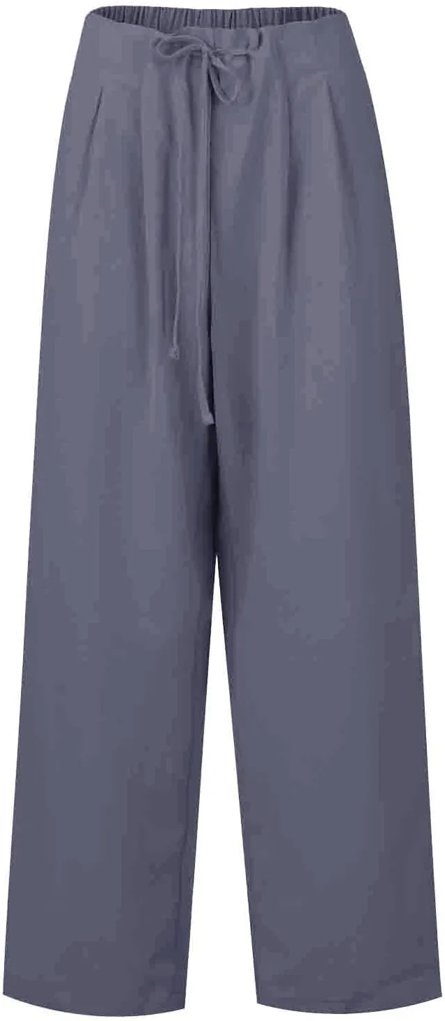 Women's Straight Leg Casual Baggy Trousers Pants with Pockets High Waisted Drawstring Linen Beach Trousers Plus Size
