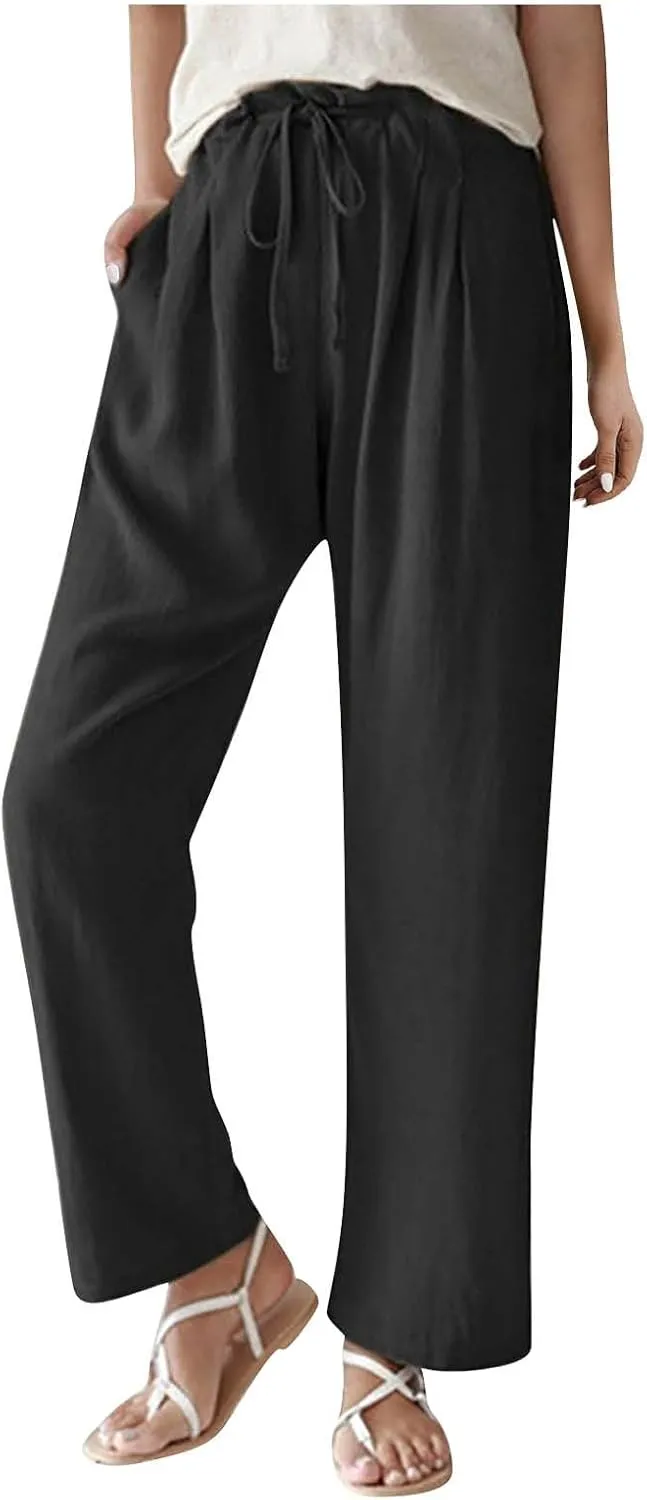 Women's Straight Leg Casual Baggy Trousers Pants with Pockets High Waisted Drawstring Linen Beach Trousers Plus Size