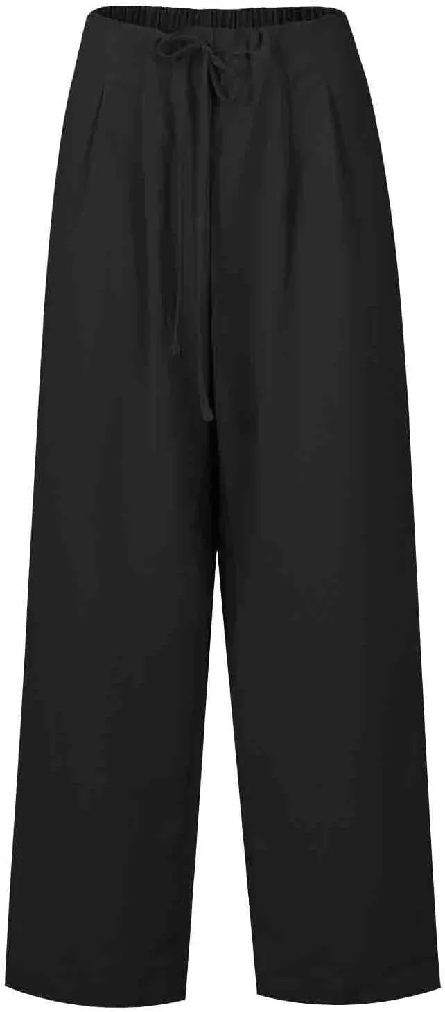 Women's Straight Leg Casual Baggy Trousers Pants with Pockets High Waisted Drawstring Linen Beach Trousers Plus Size