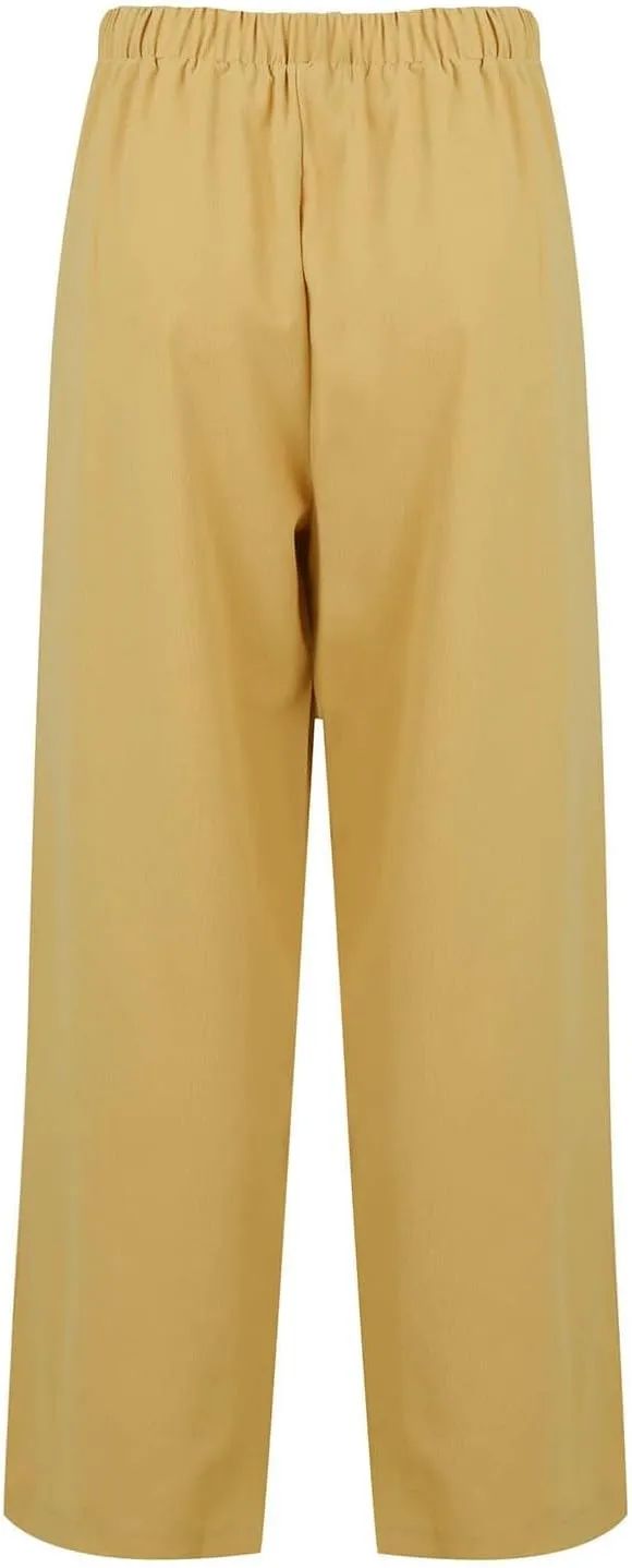 Women's Straight Leg Casual Baggy Trousers Pants with Pockets High Waisted Drawstring Linen Beach Trousers Plus Size