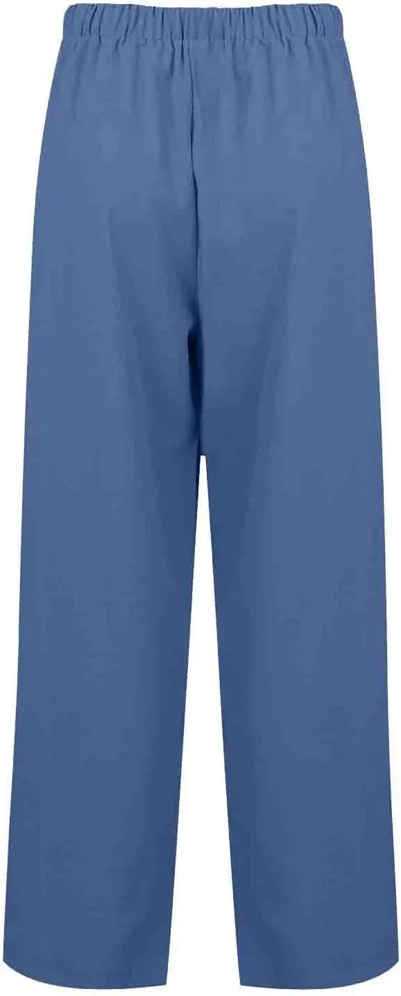 Women's Straight Leg Casual Baggy Trousers Pants with Pockets High Waisted Drawstring Linen Beach Trousers Plus Size