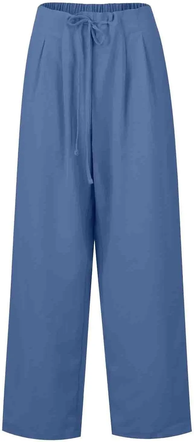 Women's Straight Leg Casual Baggy Trousers Pants with Pockets High Waisted Drawstring Linen Beach Trousers Plus Size