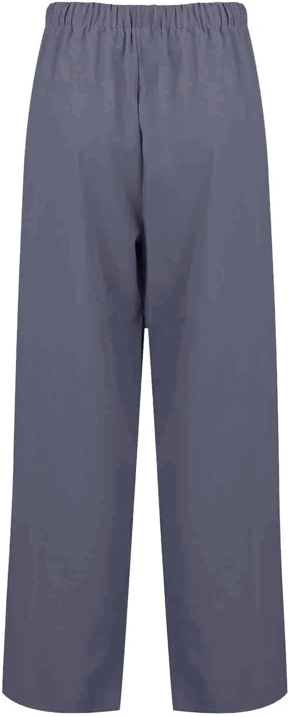 Women's Straight Leg Casual Baggy Trousers Pants with Pockets High Waisted Drawstring Linen Beach Trousers Plus Size