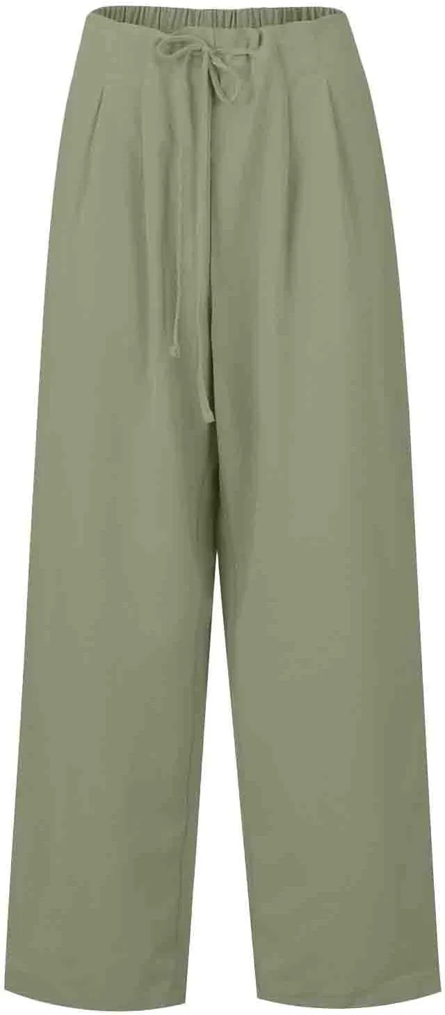 Women's Straight Leg Casual Baggy Trousers Pants with Pockets High Waisted Drawstring Linen Beach Trousers Plus Size