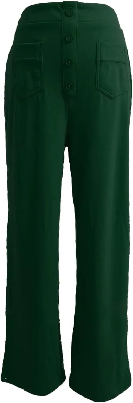 Women's Straight Leg Casual Pants High Waisted Stretchy Button Business Pants Work Comfy Baggy Trousers with Pockets