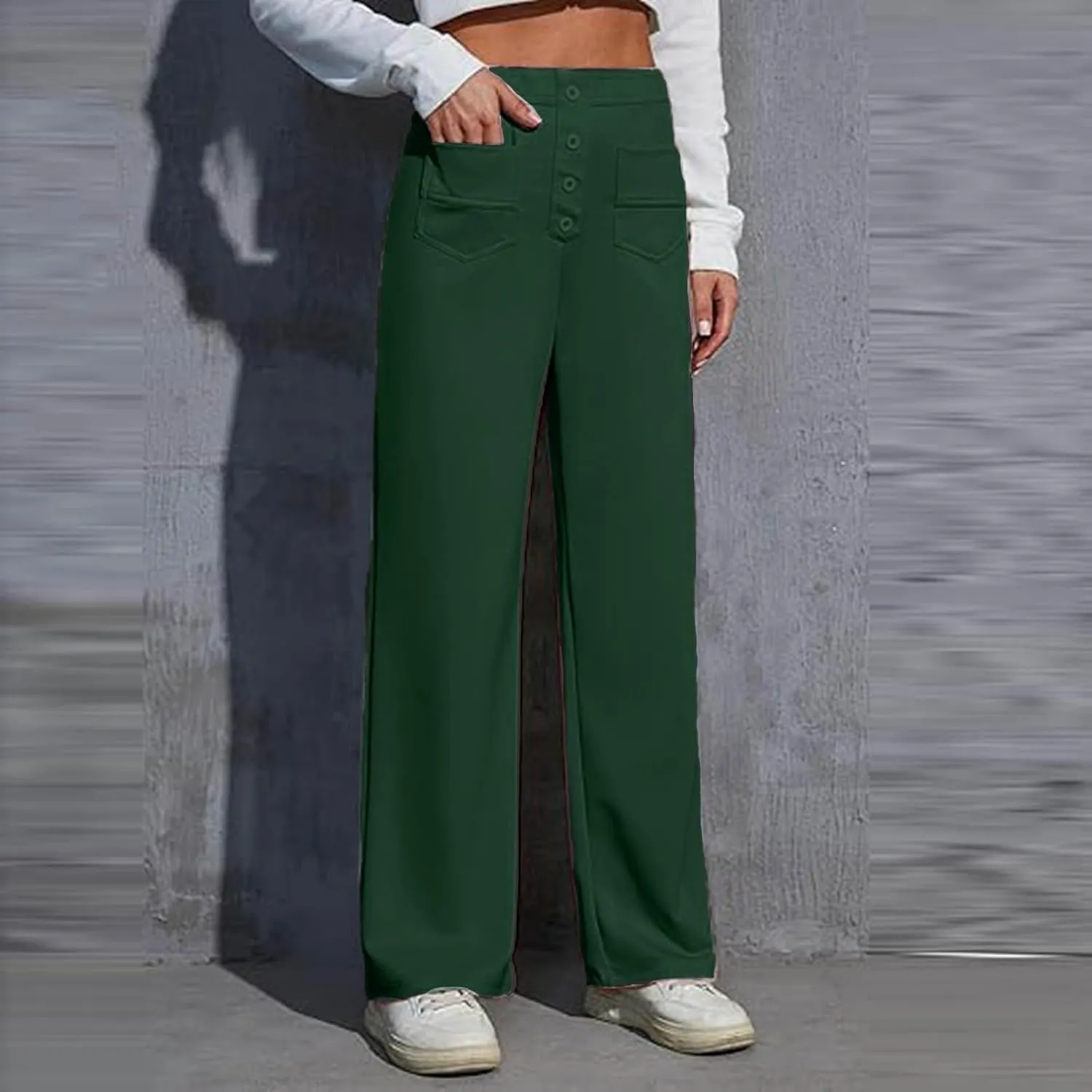 Women's Straight Leg Casual Pants High Waisted Stretchy Button Business Pants Work Comfy Baggy Trousers with Pockets