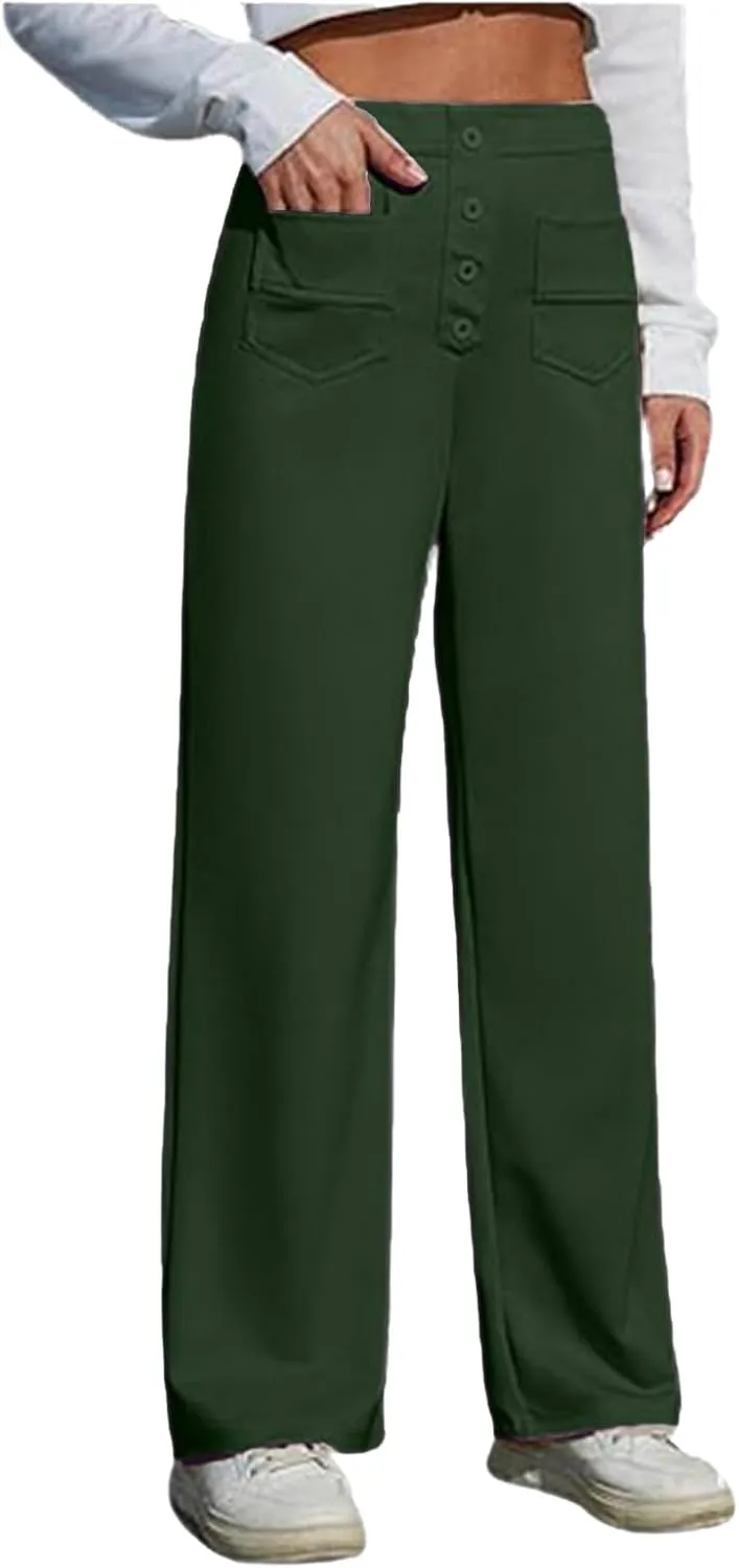 Women's Straight Leg Casual Pants High Waisted Stretchy Button Business Pants Work Comfy Baggy Trousers with Pockets