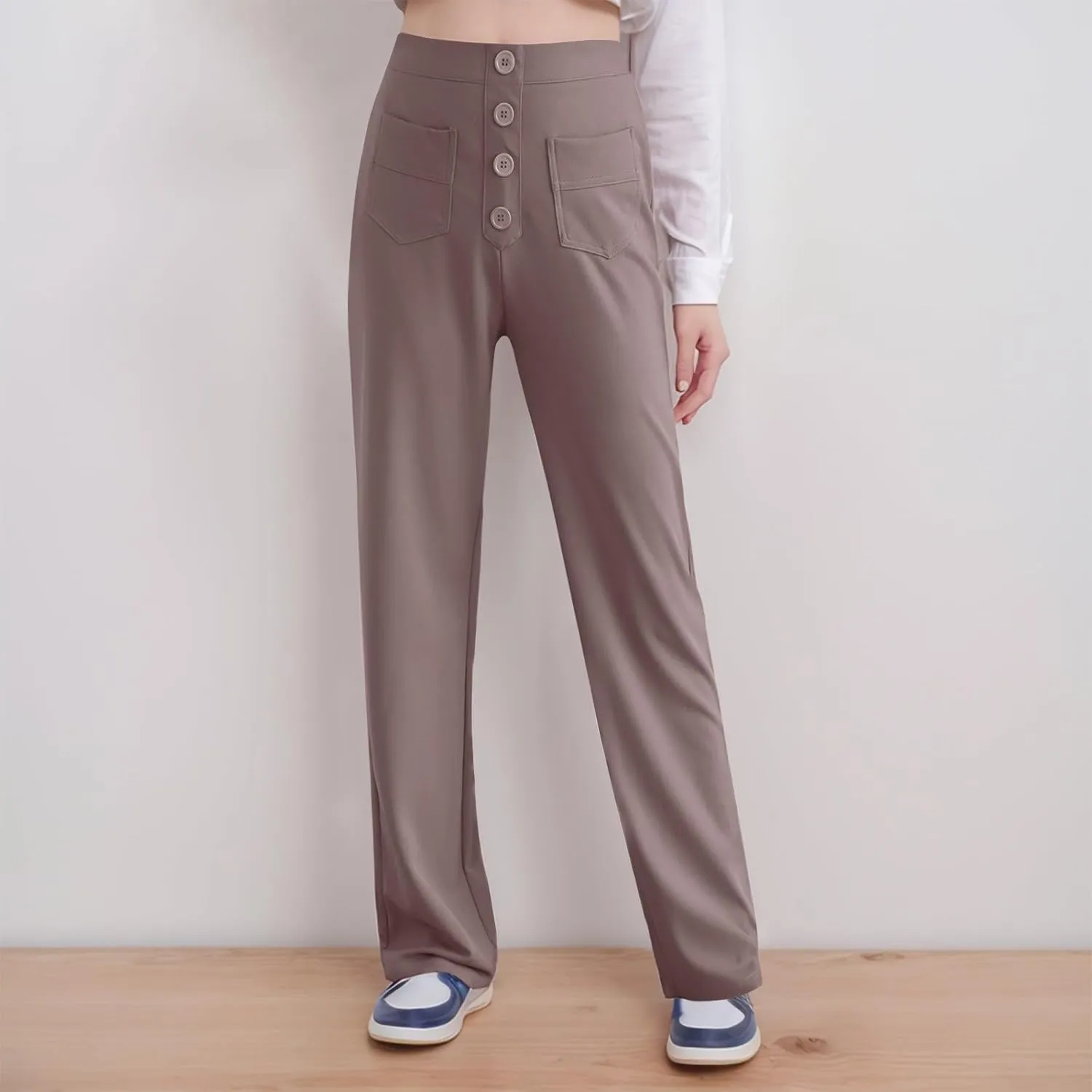 Women's Straight Leg Pants High Waisted Stretchy Button Business Pants Work Casual Lightweight Trousers with Pockets
