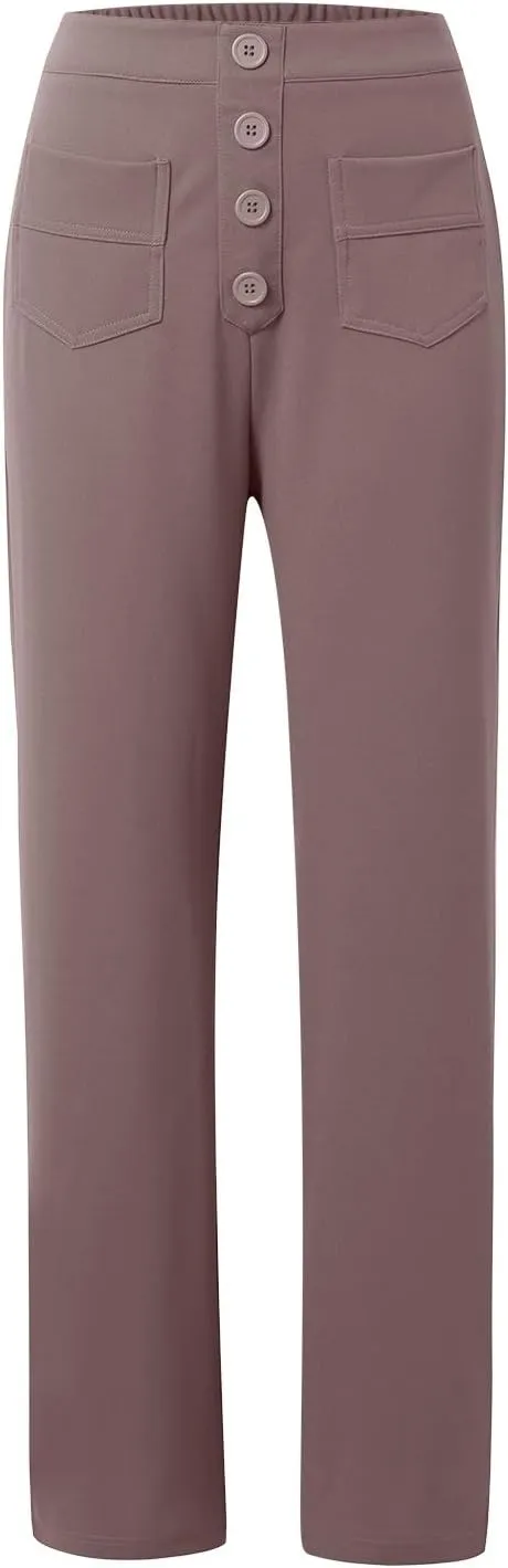 Women's Straight Leg Pants High Waisted Stretchy Button Business Pants Work Casual Lightweight Trousers with Pockets