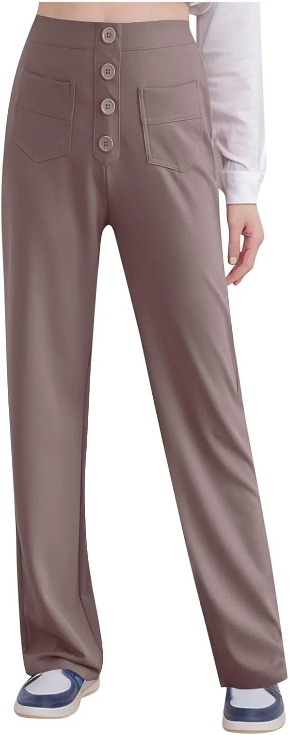 Women's Straight Leg Pants High Waisted Stretchy Button Business Pants Work Casual Lightweight Trousers with Pockets