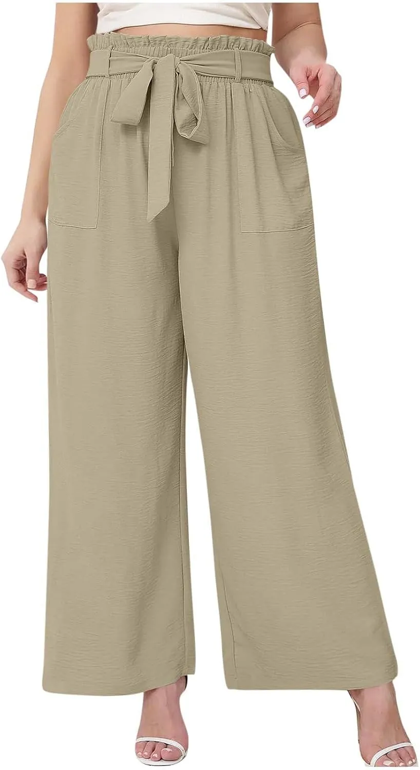 Women's Straight Wide Leg Pants 2025 Summer Lounge High Waisted Palazzo Pants Adjustable Tie Knot Trousers w/Pockets