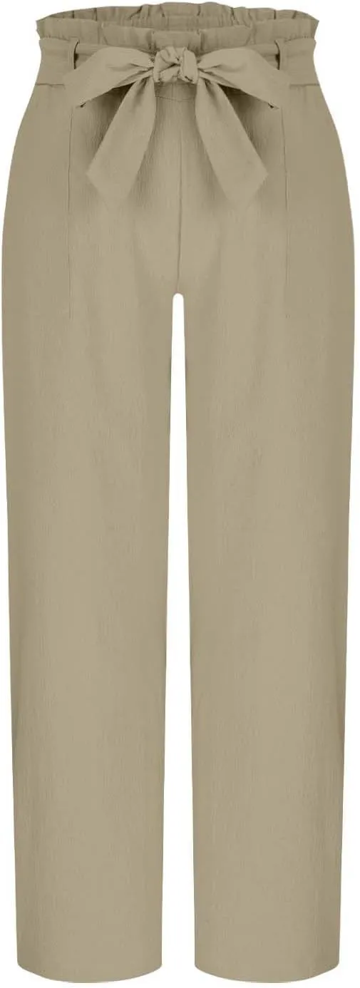 Women's Straight Wide Leg Pants 2025 Summer Lounge High Waisted Palazzo Pants Adjustable Tie Knot Trousers w/Pockets
