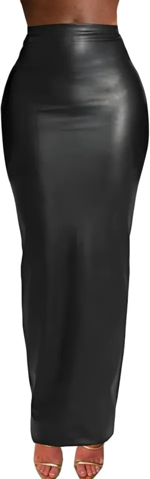 Women's Stretch Faux Leather Long Skirt with Double Zipper, Slim Fit, Black