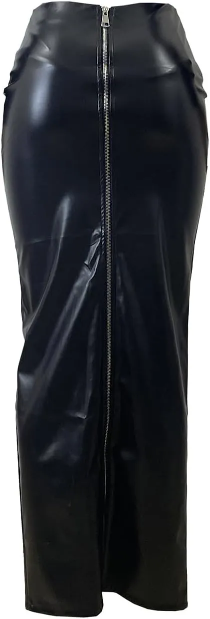 Women's Stretch Faux Leather Long Skirt with Double Zipper, Slim Fit, Black