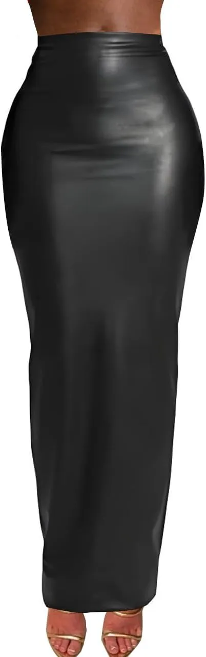 Women's Stretch Faux Leather Long Skirt with Double Zipper, Slim Fit, Black
