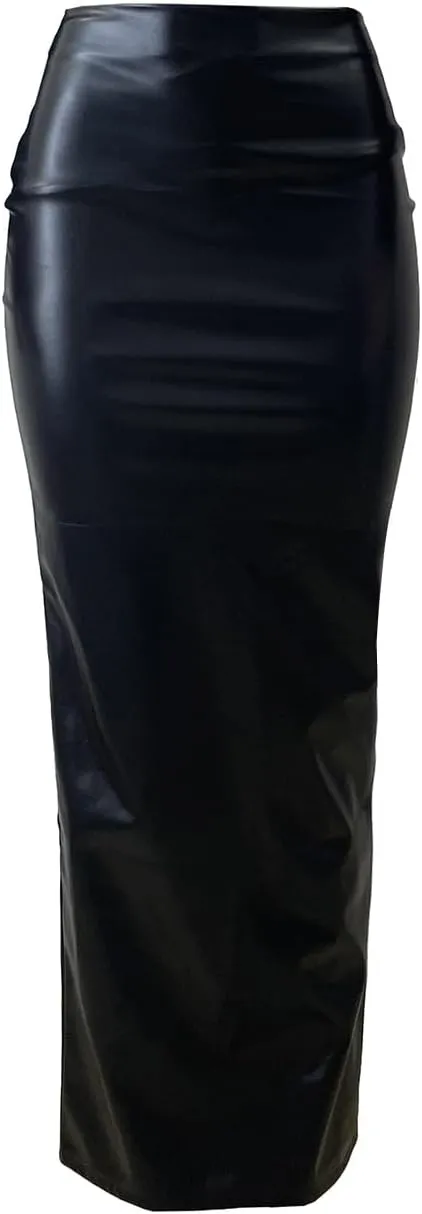 Women's Stretch Faux Leather Long Skirt with Double Zipper, Slim Fit, Black
